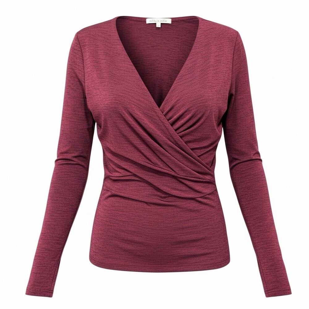 Robbi & Nikki Women's Long Sleeve Blouse Top Wine Black Color Silky Stretchy Sm